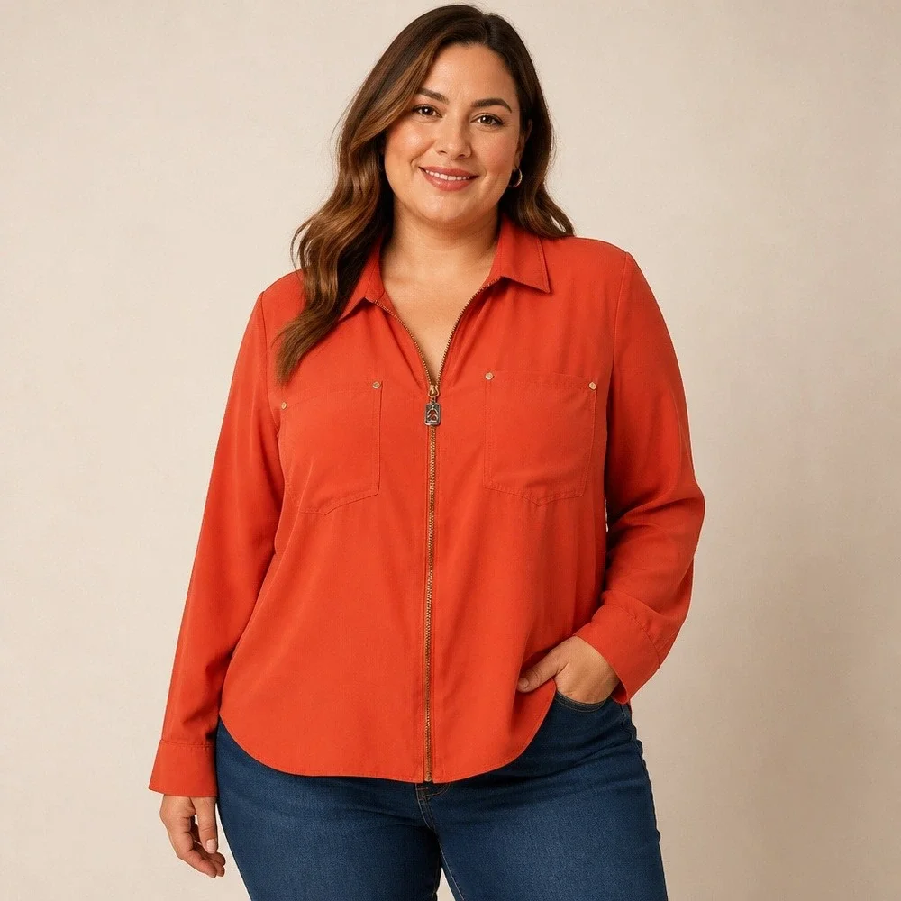 Michael Kors XL Coral Long Sleeve Blouse Gold Hardware Accents